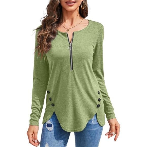 Women's Casual Long Sleeve Tunic Shirt Round Neck with Button Side Blouse - Picture 4 of 7